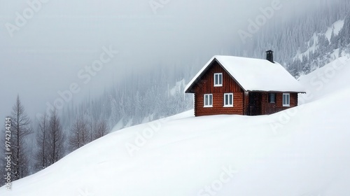 A cozy wooden house nestled in a serene snowy landscape, surrounded by fog and tall trees, capturing winter's tranquil beauty.