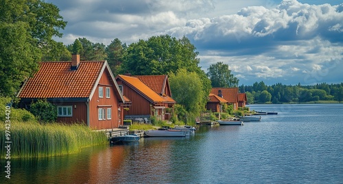 A row of red wooden houses with orange roofs on the shore, overlooking the water and boats