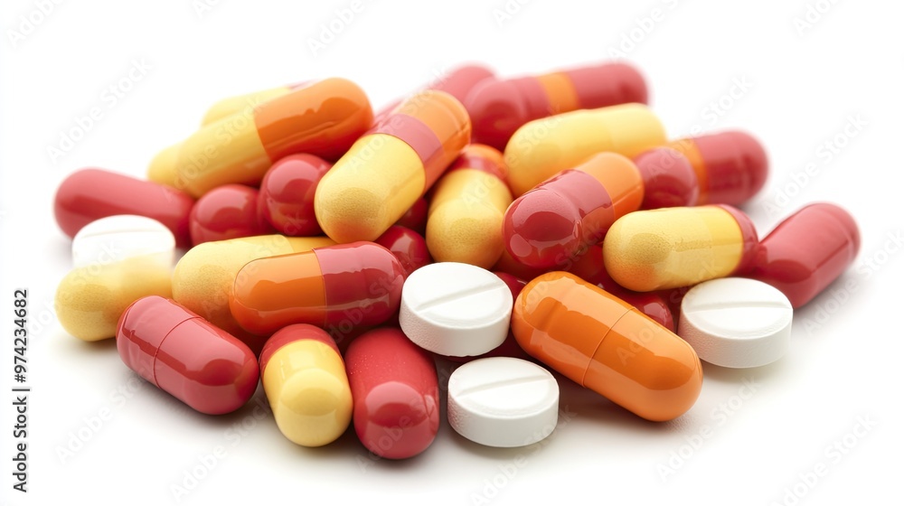 A pile of colorful capsules and tablets on a white background. A pile of colorful capsules and tablets on a white background.