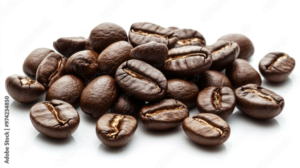 A pile of roasted coffee beans, isolated on a white background. A pile of roasted coffee beans, isolated on a white background.