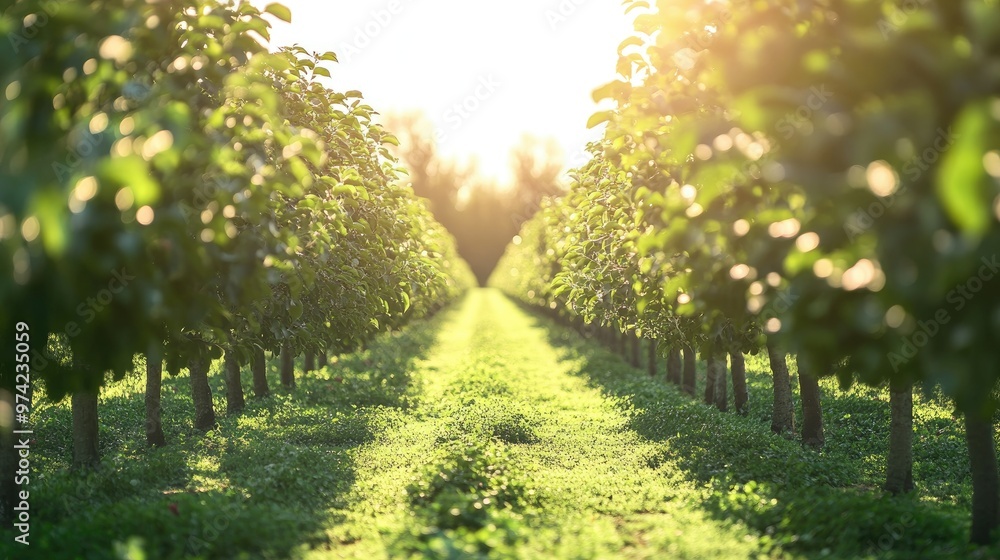 Naklejka premium Rows of apple trees in a large orchard, no people, and copy space available