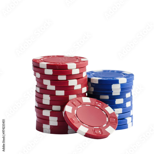 Colorful poker chips stacked high, symbolizing excitement and anticipation in a casino setting. photo