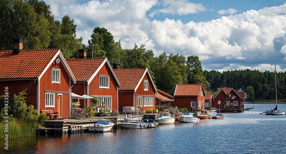 A row of red wooden houses with orange roofs on the shore, overlooking the water and boats A row of red wooden houses with orange roofs on the shore, overlooking the water and boats