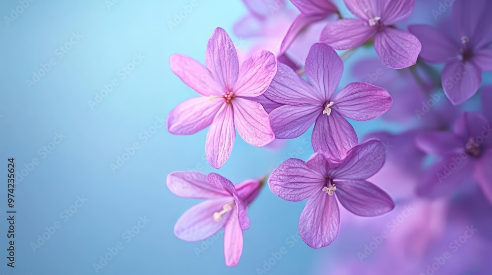 Obraz premium A tight shot of a purple blooms collection against a blue backdrop, softly blurred petals