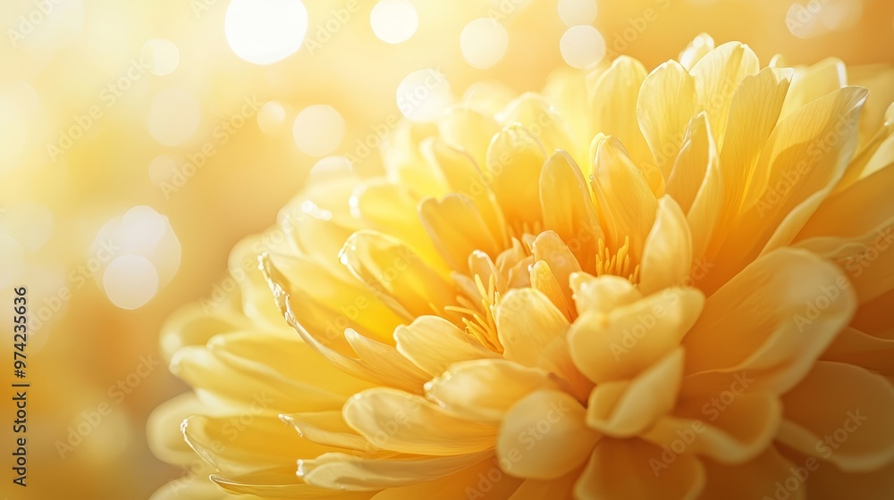 A close-up of a yellow flower with the bloom illuminated by bokeh - a circular, symmetrical pattern of light - A close-up of a yellow flower with the bloom illuminated by bokeh - a circular, symmetrical pattern of light -