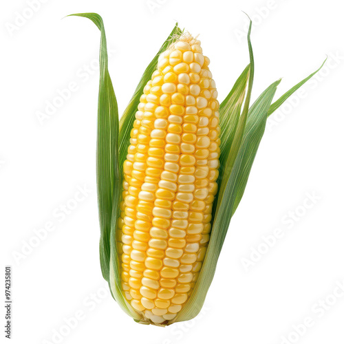 Fresh, vibrant corn on the cob, showcasing a rich yellow color and surrounded by green husk. Perfect for culinary creativity.