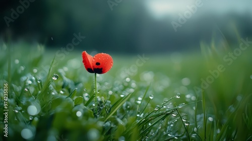  A solitary red poppy in a grassy field, dotted with dew Background includes trees and dew-kissed foliage