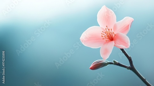  A tight shot of a pink blossom on a twig against a blue sky background