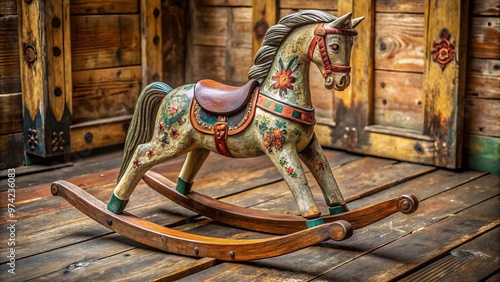 Worn wooden rocking horse with intricate carvings and faded paint, transporting consumers to a bygone era of innocent