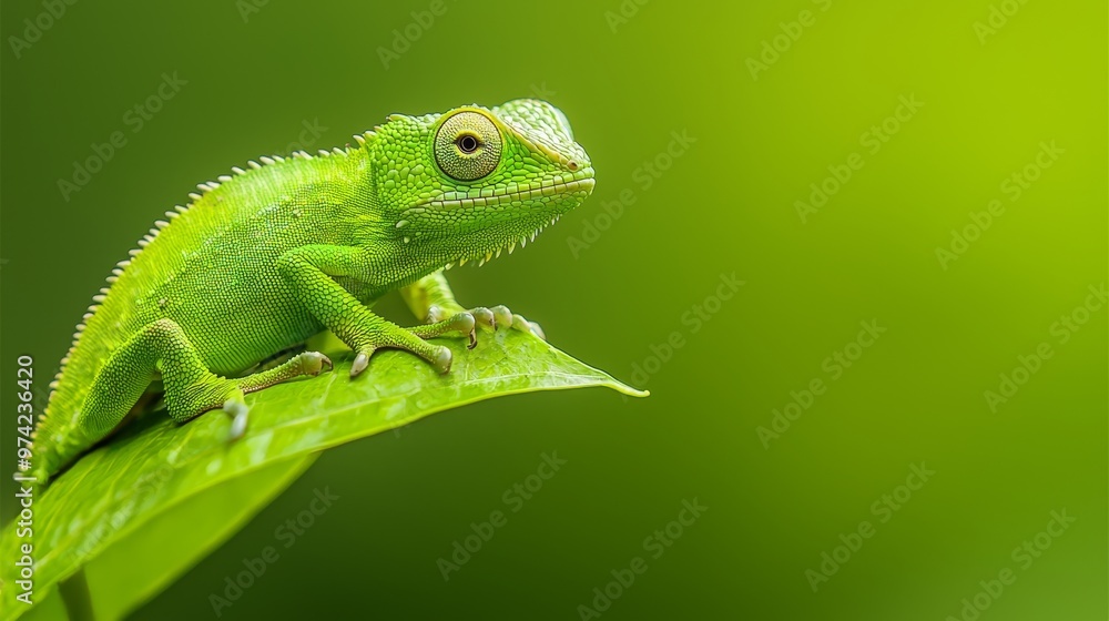 A chromatophore-rich green chameleon perched on a verdant leaf against a softly blurred, harmonious green backdrop A chromatophore-rich green chameleon perched on a verdant leaf against a softly blurred, harmonious green backdrop