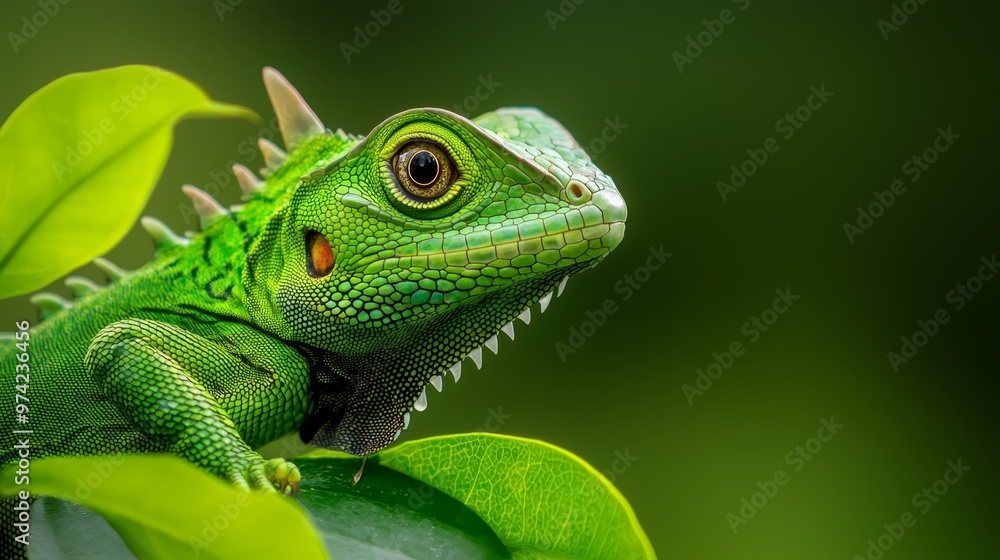 A tight shot of a green iguana on a leaf-laden branch, displaying an open mouth and wide-open eyes A tight shot of a green iguana on a leaf-laden branch, displaying an open mouth and wide-open eyes