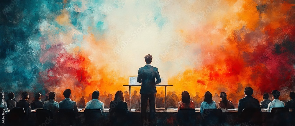 A business leader delivering a presentation on the role of versatility and awareness in career advancement, with participants actively engaged