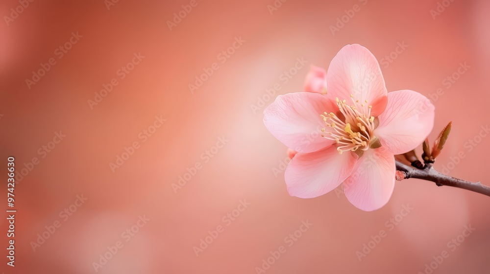 A tight shot of a pink blossom on a branch against a softly blurred background A tight shot of a pink blossom on a branch against a softly blurred background