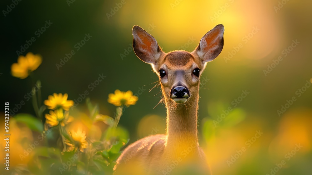A tight shot of a deer amidst a sea of green grass and vibrant flowers, surrounded by a hazy, sunlit backdrop of yellow blooms A tight shot of a deer amidst a sea of green grass and vibrant flowers, surrounded by a hazy, sunlit backdrop of yellow blooms