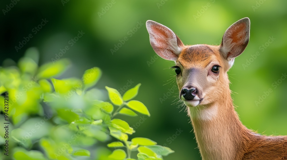 A tight shot of a deer's head, with a bush in front and trees beyond A tight shot of a deer's head, with a bush in front and trees beyond