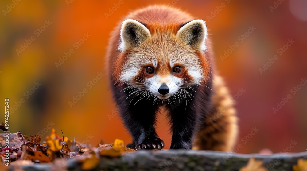 Obraz premium A tight shot of a raccoon on a tree limb, surrounded by autumn leaves in the foreground, and a soft, indistinct backdrop