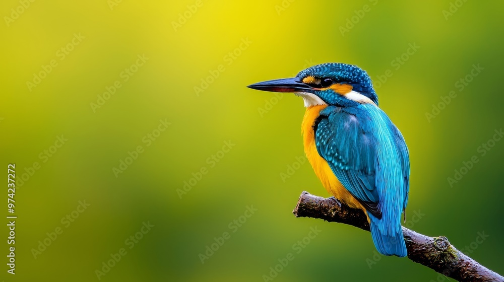 custom made wallpaper toronto digital A blue-and-yellow bird perches on a tree branch against a green and yellow blurred backdrop