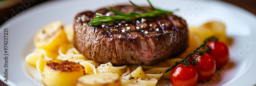 Steaks. Delicious steak served with pasta and potatoes photo