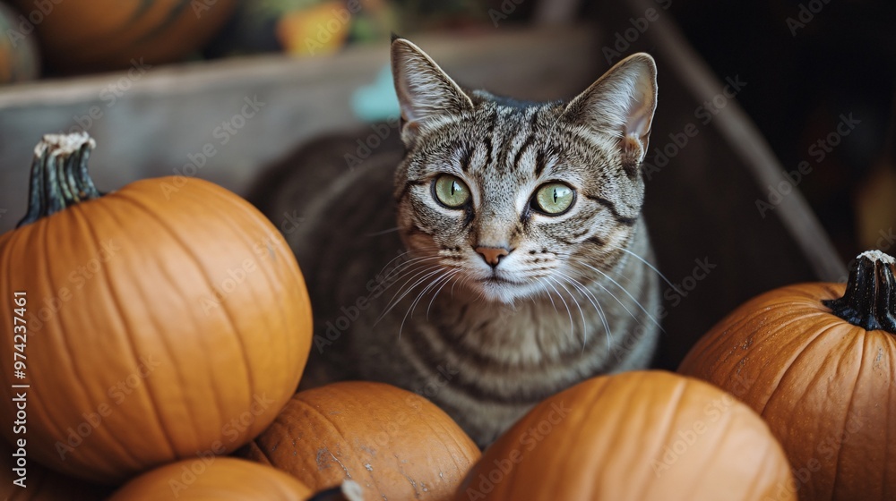A tabby cat with pumpkins A tabby cat with pumpkins