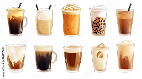 Wallpaper Mural A set of 10 realistic illustrations of various coffee drinks, including latte, cappuccino, iced coffee, mocha, and macchiato. Torontodigital.ca