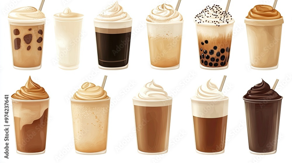 A set of 12 illustrated iced coffee drinks with whipped cream on top. A set of 12 illustrated iced coffee drinks with whipped cream on top.
