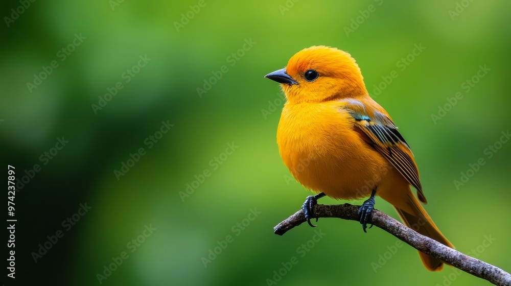 A yellow bird perched on a tree branch against a blurred background A yellow bird perched on a tree branch against a blurred background
