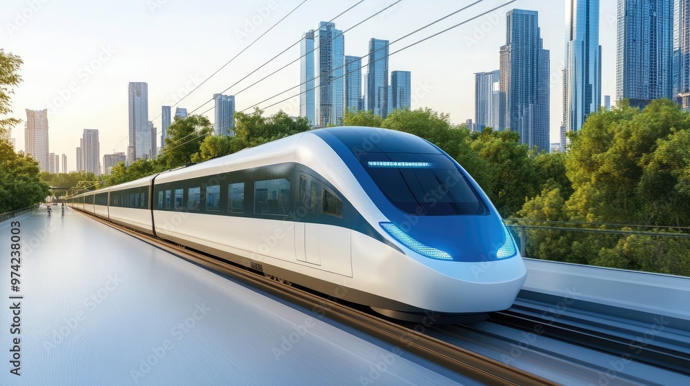 Naklejka premium Modern electric trains speeding through vibrant urban cityscape.