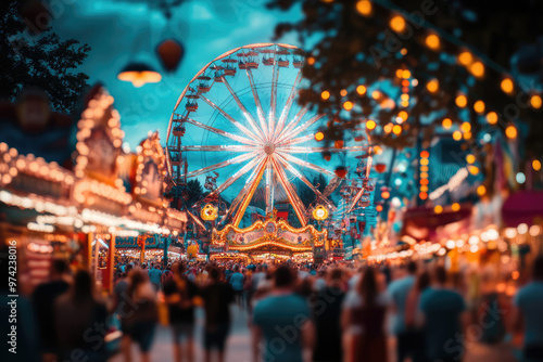 A nighttime scene of a colorful amusement park, featuring a brightly lit Ferris wheel, various rides, and a crowded, vibrant atmosphere filled with lights and motion.