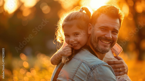 Parent with throbbing back pain, sudden twinge, carrying child, park setting, distressed look, golden hour, warm tones photo