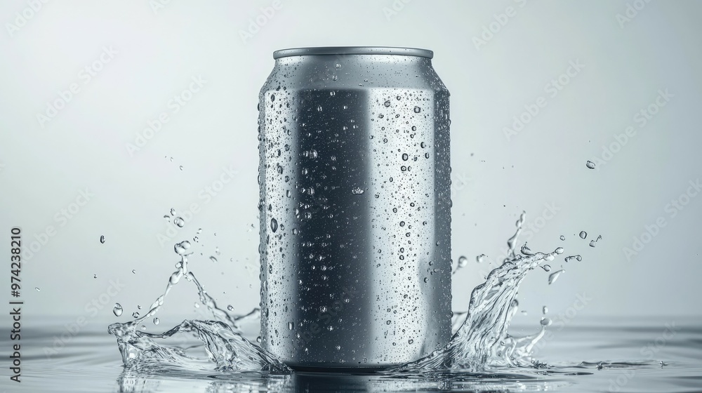 A silver aluminum can covered in water droplets with a water splash at its base on a white background. A silver aluminum can covered in water droplets with a water splash at its base on a white background.