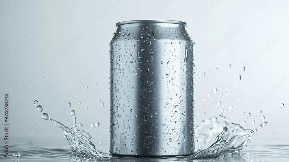 A silver aluminum can with water droplets and a splash of water in front of a white background. A silver aluminum can with water droplets and a splash of water in front of a white background.