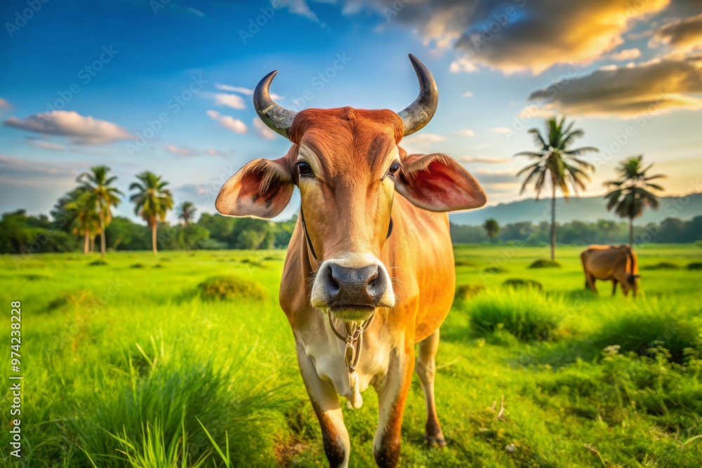 Rustic Indian cattle with distinctive humps and gentle eyes graze peacefully amidst lush green pastures and rural Rustic Indian cattle with distinctive humps and gentle eyes graze peacefully amidst lush green pastures and rural