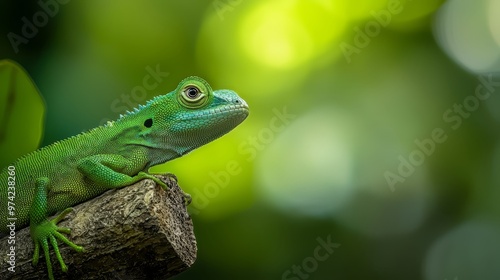  A tight shot of a green lizard perched on a tree branch against a hazy backdrop of greenery - trees and leaves