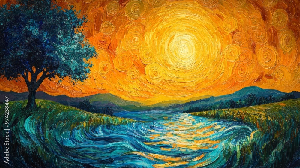 Vibrant Oil Painting of Sunset Over a River Generative AI