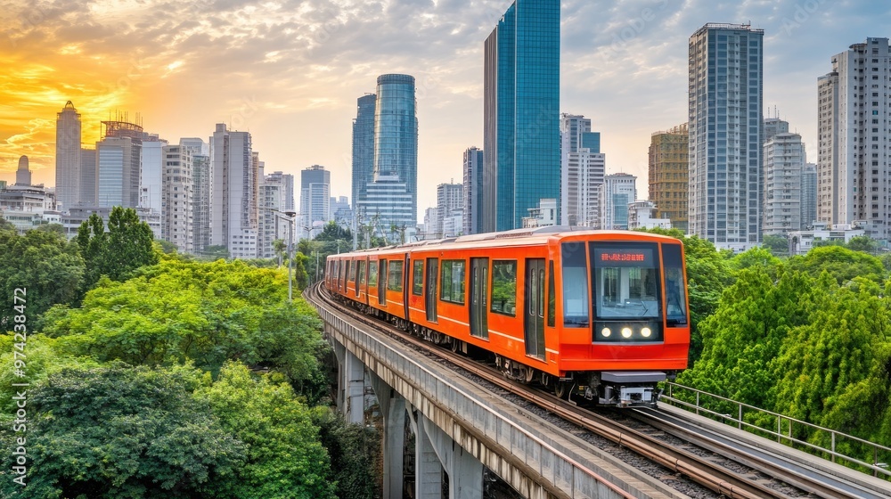 Obraz premium Modern electric trains speeding through vibrant urban cityscape.