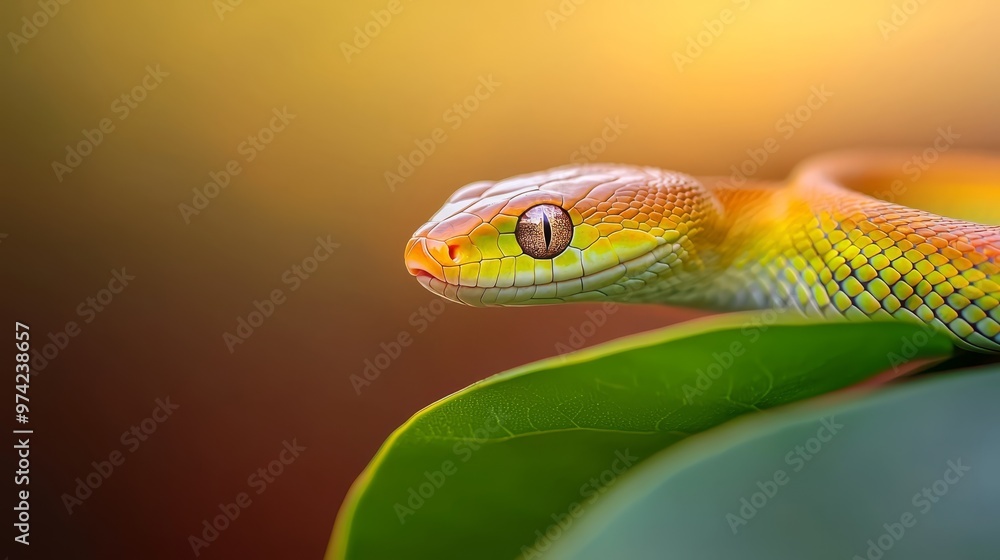 A tight shot of a yellow and orange snake coiled on a green leaf, surrounded by a softly blurred background A tight shot of a yellow and orange snake coiled on a green leaf, surrounded by a softly blurred background
