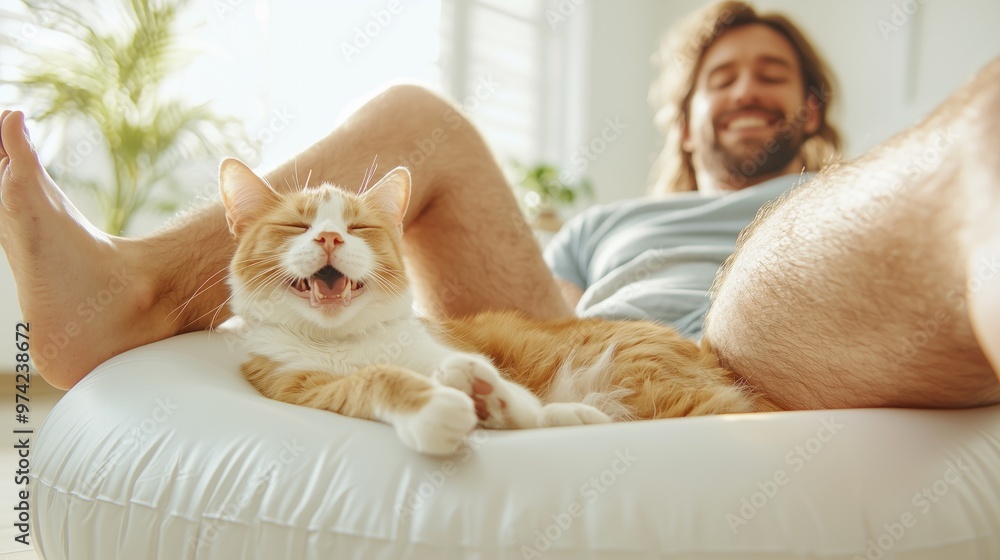 Happy young man relaxing with his cheerful cat on an inflatable chair at home Happy young man relaxing with his cheerful cat on an inflatable chair at home