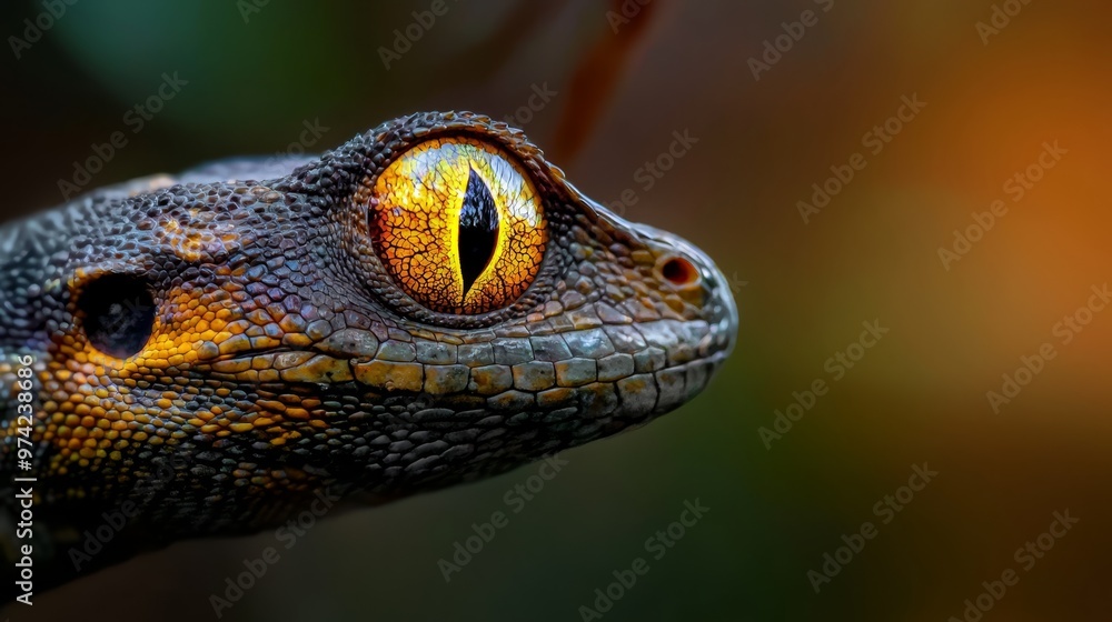 Fototapeta premium A tight shot of a lizard's eye, softly focused, with a tree and a blurred background
