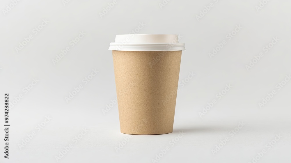 A single brown paper coffee cup with a white lid sits against a white background. A single brown paper coffee cup with a white lid sits against a white background.
