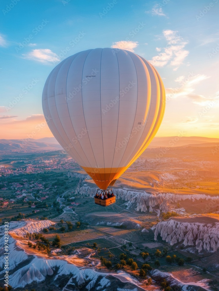 A person enjoys a luxurious hot air balloon ride over a scenic landscape A person enjoys a luxurious hot air balloon ride over a scenic landscape
