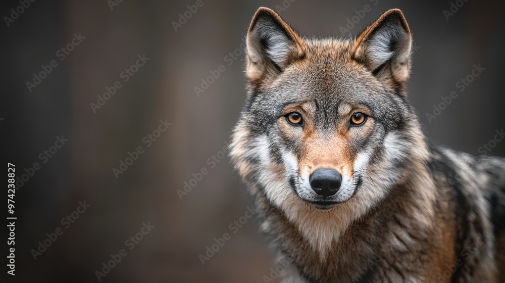 A tight shot of a wolf's expressive face gazing into the lens, surrounded by an out-of-focus backdrop of trees A tight shot of a wolf's expressive face gazing into the lens, surrounded by an out-of-focus backdrop of trees