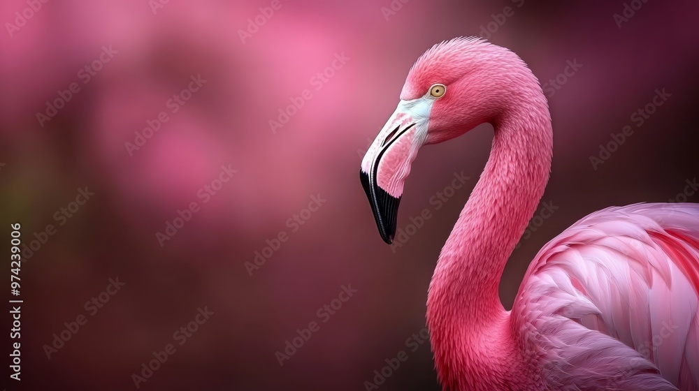 Fototapeta premium A pink flamingo faces sideways, beak agape against a blurred backdrop