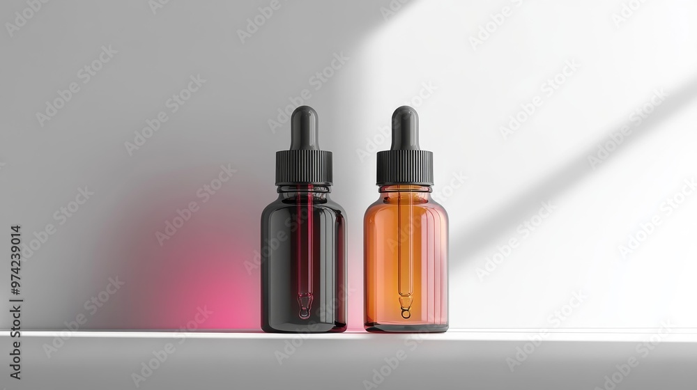Obraz premium Two glass dropper bottles with shadow Generative AI