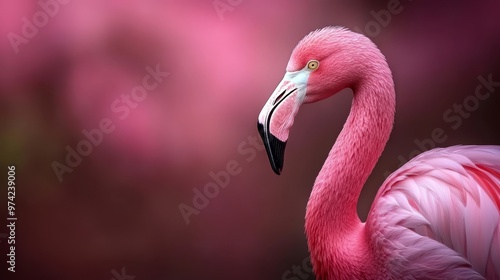  A pink flamingo faces sideways, beak agape against a blurred backdrop