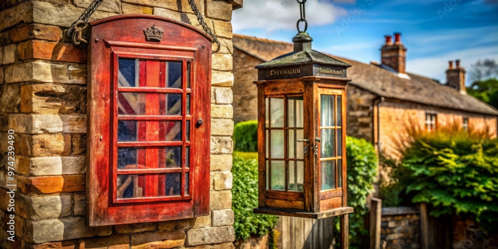 Fototapeta premium Rustic wooden sign with distressed Union Jack flag design hangs from a vintage metal lantern on a classic