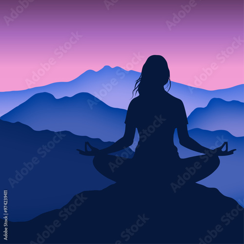 Silhouette of a woman meditating in the mountains 