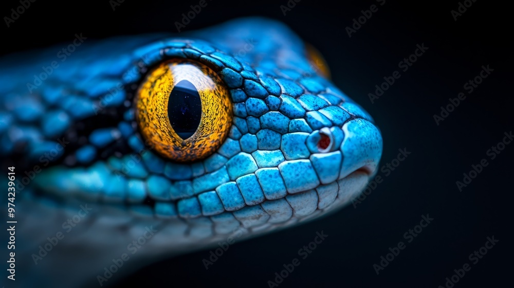 Fototapeta premium A tight shot of a blue snake's eye against a black backdrop, intricately detailed with yellow and blue markings on its body