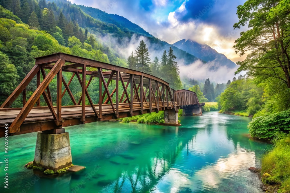 Rustic wooden truss bridge spans serene turquoise river, surrounded by lush greenery and misty hills, evoking a sense Rustic wooden truss bridge spans serene turquoise river, surrounded by lush greenery and misty hills, evoking a sense