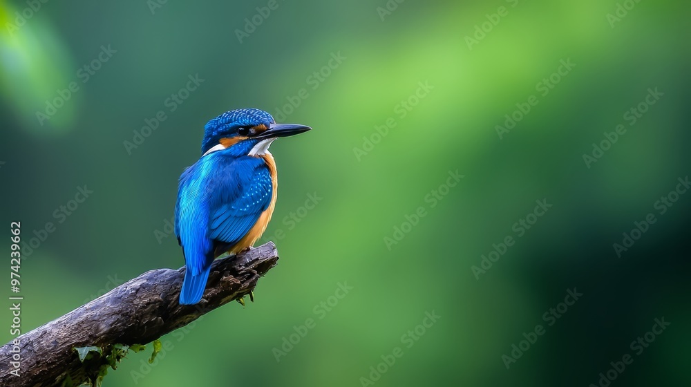 A blue-and-yellow bird perches on a tree branch against a backdrop of a lush, green forest filled with leafy foliage A blue-and-yellow bird perches on a tree branch against a backdrop of a lush, green forest filled with leafy foliage