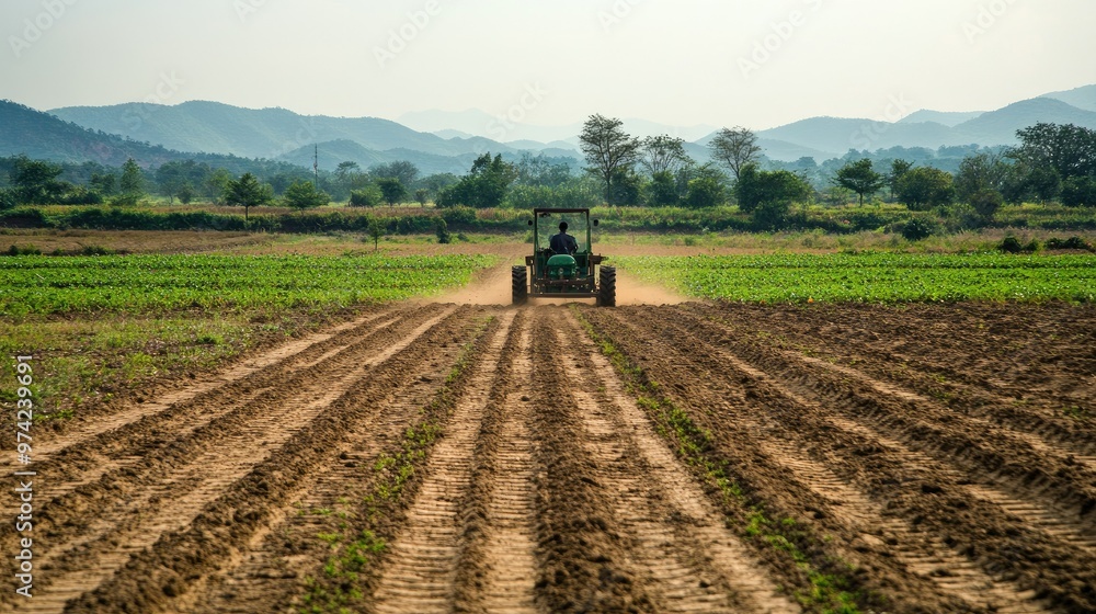 A South Asian agricultural power tiller on an empty field with copy space. No people A South Asian agricultural power tiller on an empty field with copy space. No people